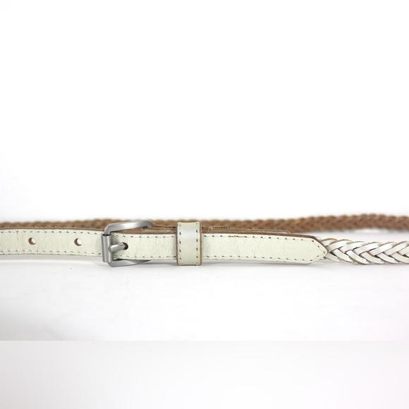 Pearlized Skinny White Silver Platinum Woven Braided Leather Belt, Narrow Silver - Picture 2 of 9